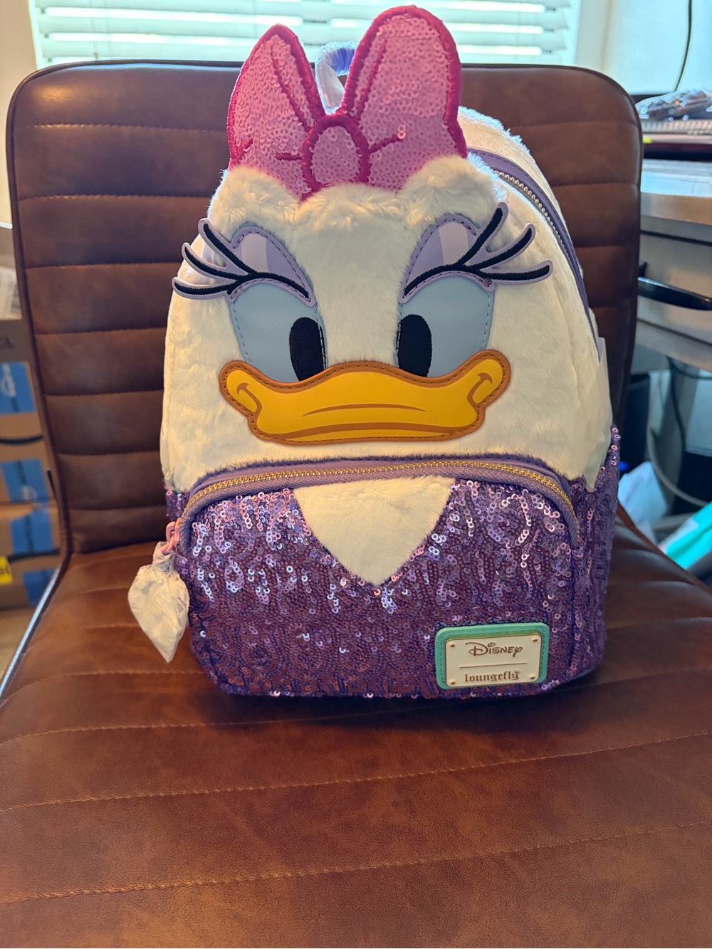 Loungefly Daisy Duck Purple Sequin Kids Backpack with Yellow Beak